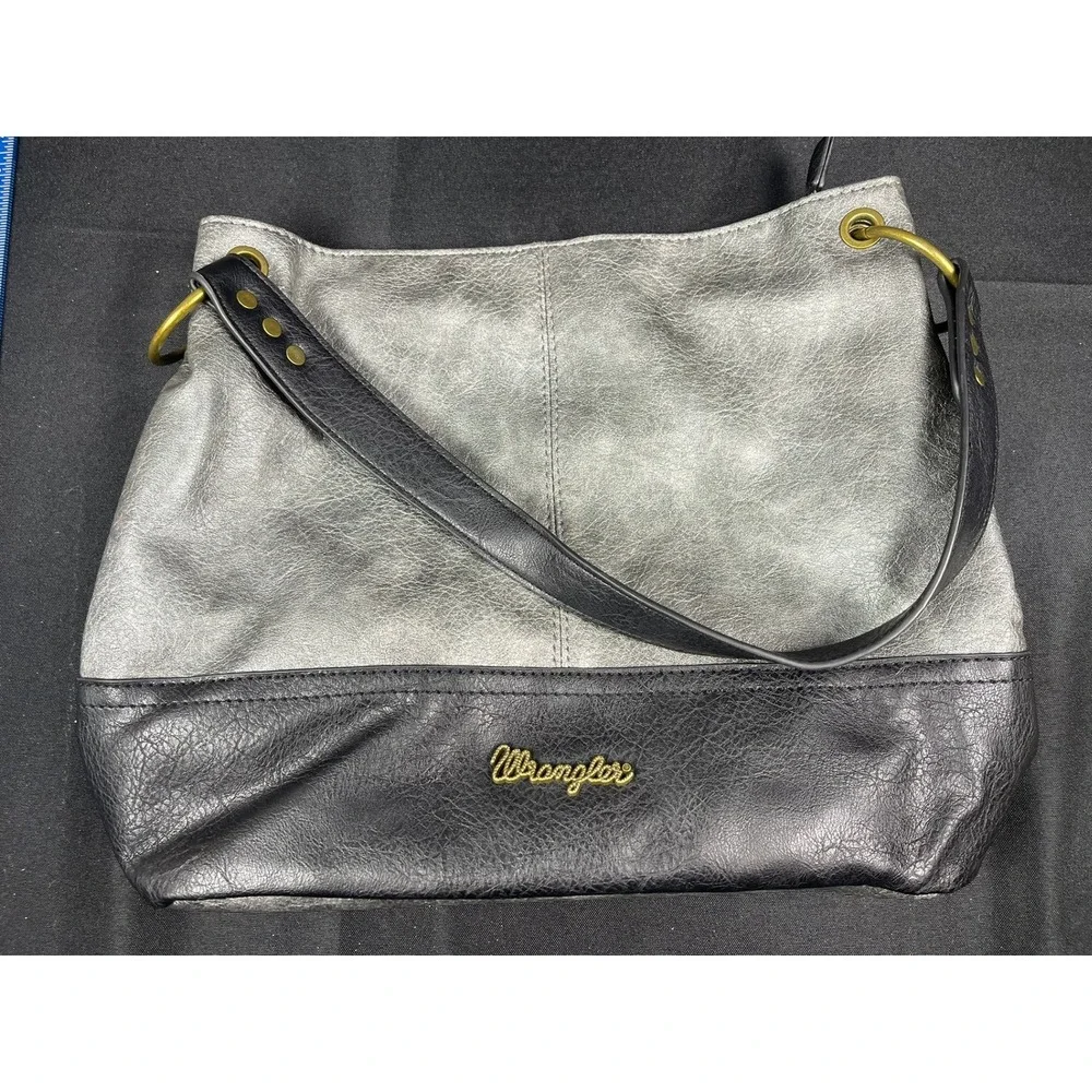 Wrangler Hobo Shoulder Bag Pewter Grey Black Vegan Leather Western Studded Logo
